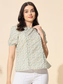 Cotton Print Top With Frill and Ruffle- #TP011- Green