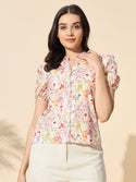 Printed Cotton Poplin Top With Puff Sleeve