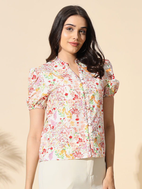 Printed Cotton Poplin Top With Puff Sleeve