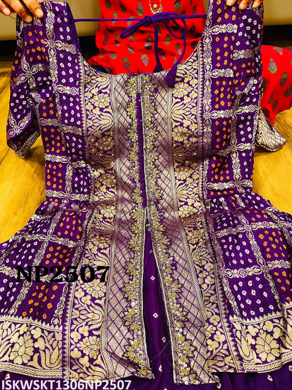 Banarasi Weaved Chinon Skirt With Banarasi Ghat Chola Top And Net Dupatta-ISKWSKT1306NP2507