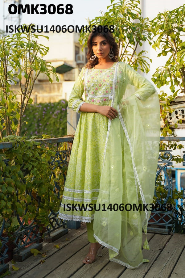 Digital Floral Printed Malmal Cotton Anarkali Kurti With Pant And Dupatta-ISKWSU1406OMK3068