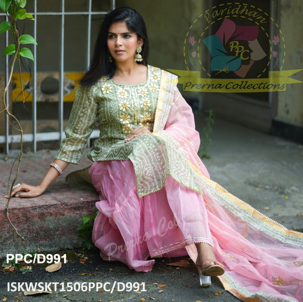 Bandhani Printed Kota Doriya Kurti With Skirt And Dupatta-ISKWSKT1506PPC/D991