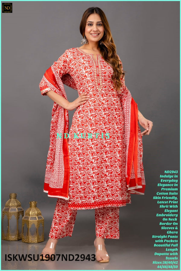 Printed Cotton Kurti With Pant And Dupatta-ISKWSU1907ND2943