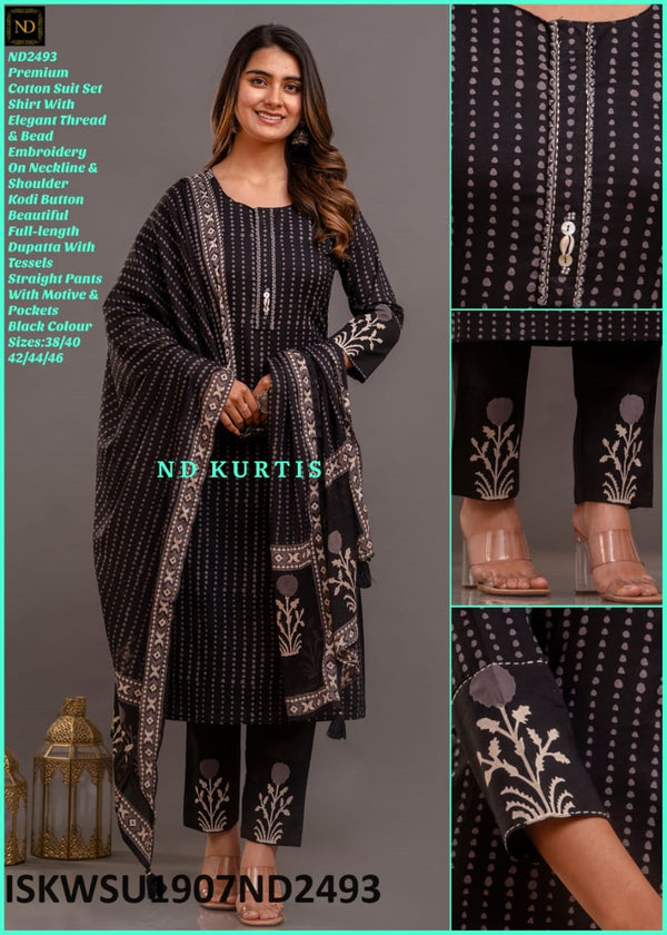 Embroidered Cotton Kurti With Pant And Dupatta-ISKWSU1907ND2493