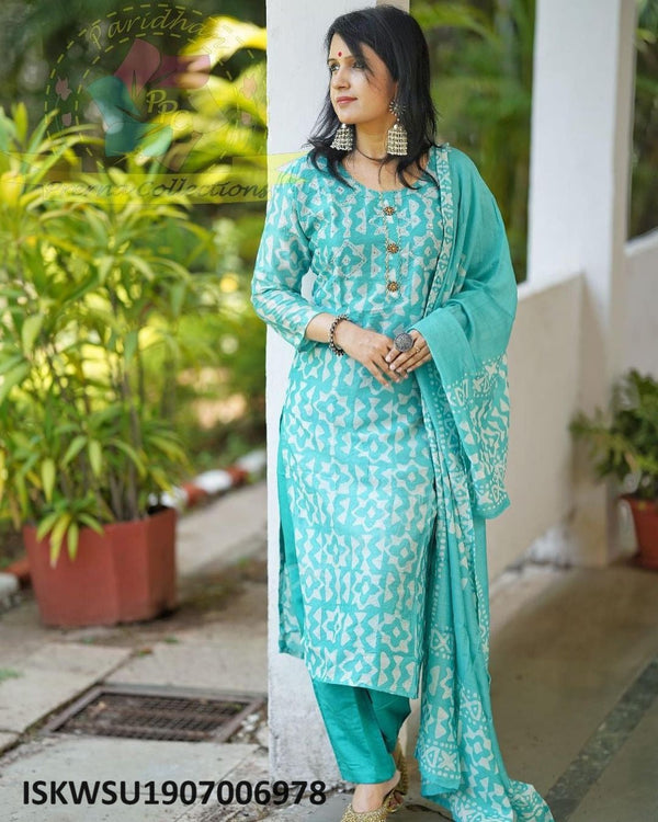 Batik Printed Chanderi Kurti With Pant And Dupatta-ISKWSU1907006978