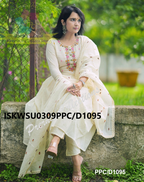 Malmal Cotton Anarkali Kurti With Cotton Pant And Embroidered Dupatta-ISKWSU0309PPC/D1095