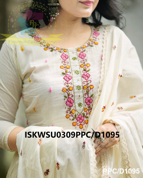 Malmal Cotton Anarkali Kurti With Cotton Pant And Embroidered Dupatta-ISKWSU0309PPC/D1095