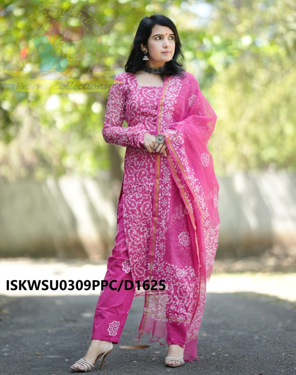 Hand Block Printed Kota Doriya Kurti With Pant And Dupatta-ISKWSU0309PPC/D1625