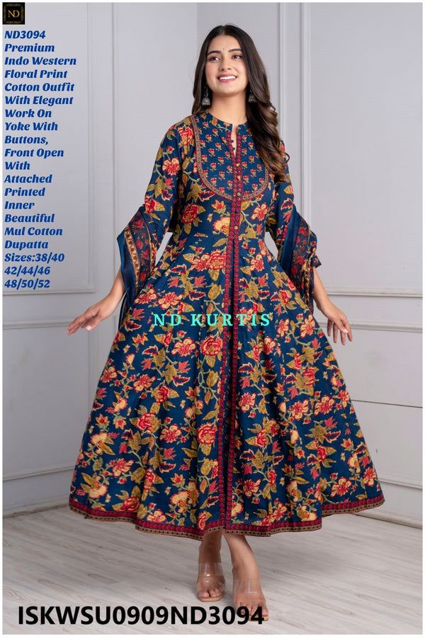 Floral Printed Cotton Front Slit Anarkali Kurti With Pant And Malmal Cotton Dupatta-ISKWSU0909ND3094