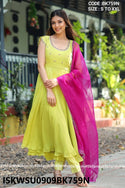 Sequined Georgette Anarkali Kurti With Pant And Contrast Organza Dupatta-ISKWSU0909BK759N