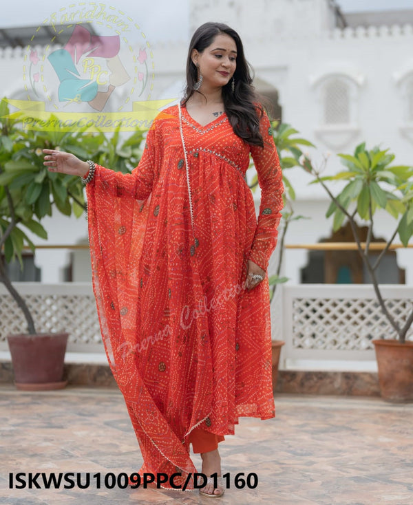 Bandhani Printed Chiffon Anarkali Kurti With Cotton Pant And Dupatta-ISKWSU1009PPC/D1160