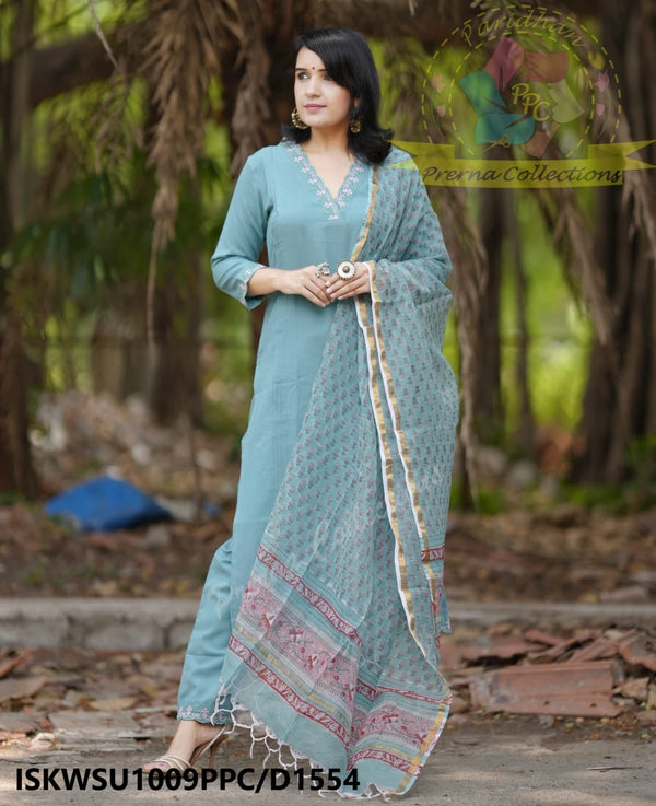 Khadi Cotton Kurti With Khadi Pant And Hand Block Printed Kota Doriya Dupatta-ISKWSU1009PPC/D1554