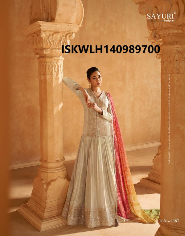 Embroidered Shimmer Viscose Jacquard Silk Lehenga With Top And Printed Dupatta-ISKWLH140989700