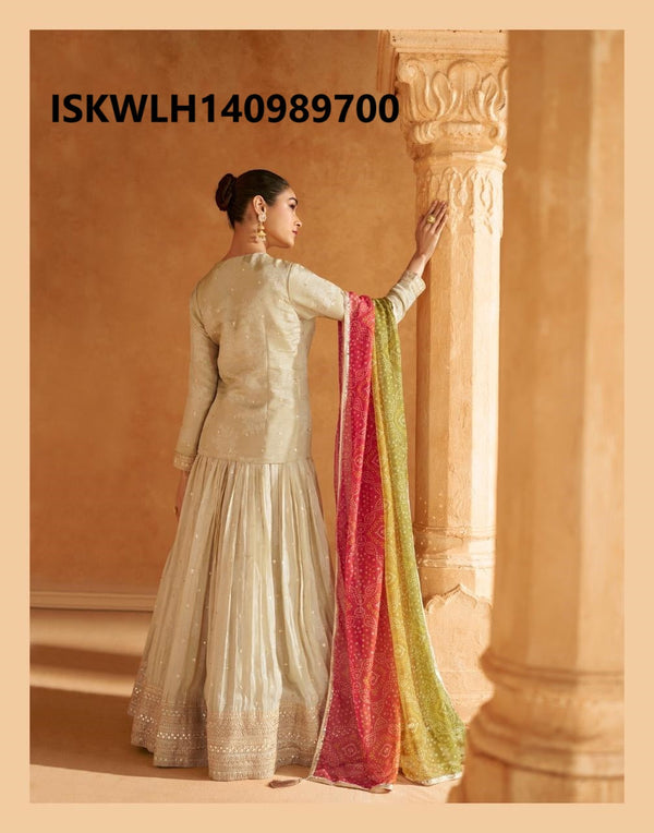 Embroidered Shimmer Viscose Jacquard Silk Lehenga With Top And Printed Dupatta-ISKWLH140989700