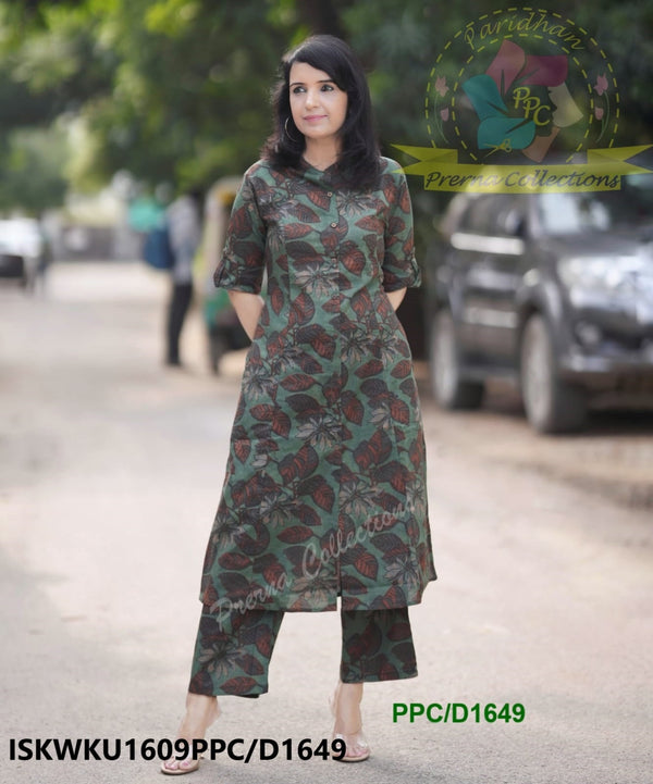 Kalamkari Printed Cotton A-Line Kurti With Pant-ISKWKU1609PPC/D1649