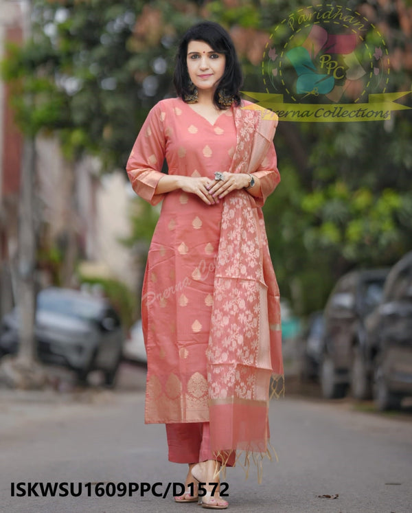 Banarasi Weaved Chanderi Kurti With Cotton Pant And Banarasi Dupatta-ISKWSU1609PPC/D1572