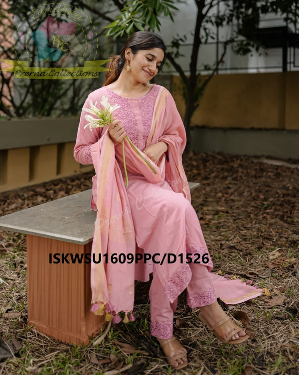 Embroidered Handloom Kurti With Handloom Cotton Pant And Linen Dupatta-ISKWSU1609PPC/D1526