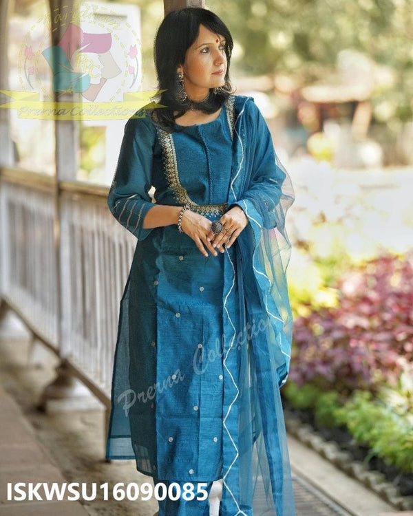 Embroidered Chanderi Kurti With Pant And Organza Dupatta-ISKWSU16090085