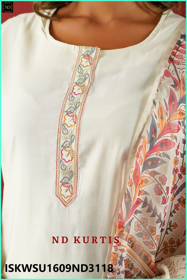 Embroidered Silk Kurti With Pant And Brasso Dupatta-ISKWSU1609ND3118