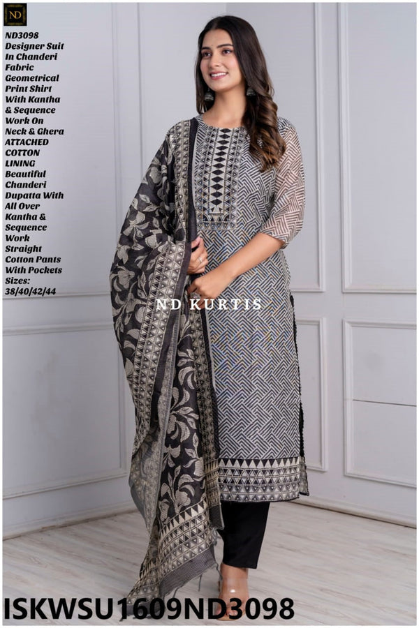 Geometrical Printed Chanderi Kurti With Cotton Pant And Chanderi Dupatta-ISKWSU1609ND3098