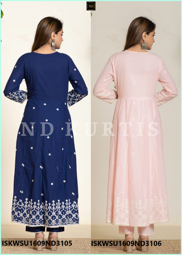 Embroidered Cotton Anarkali Kurti With Pant And Dupatta-ISKWSU1609ND3105/ND3106