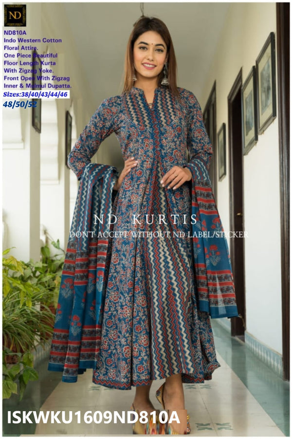 Printed Cotton Anarkali Kurti With Pant And Malmal Dupatta-ISKWKU1609ND810A/ND1830/ ND2029