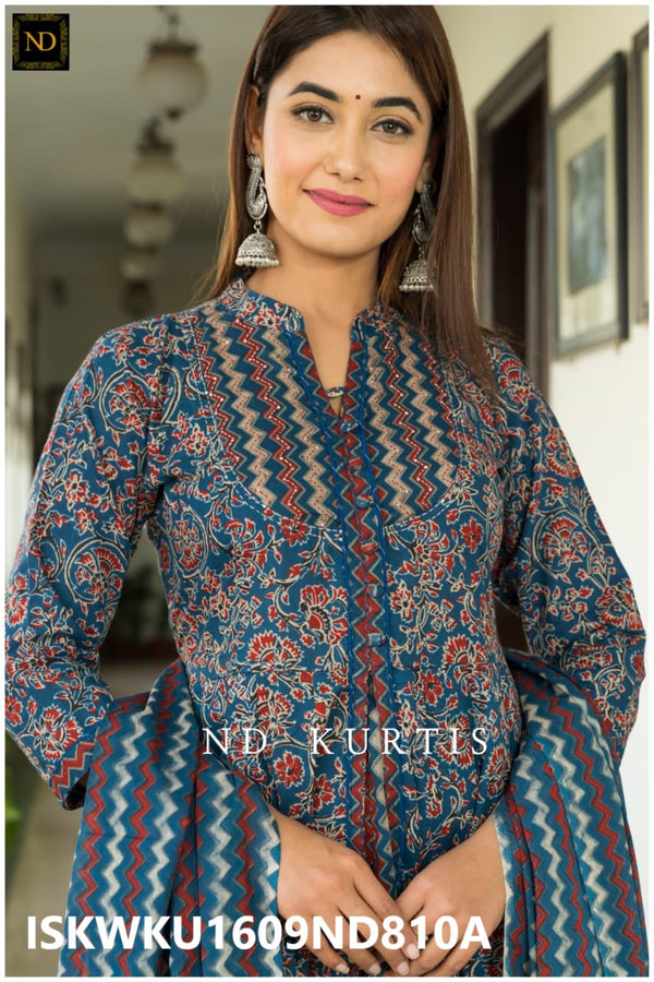 Printed Cotton Anarkali Kurti With Pant And Malmal Dupatta-ISKWKU1609ND810A/ND1830/ ND2029