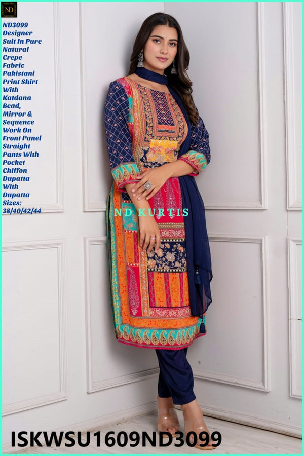 Digital Printed Crepe Kurti With Pant And Chiffon Dupatta-ISKWSU1609ND3099