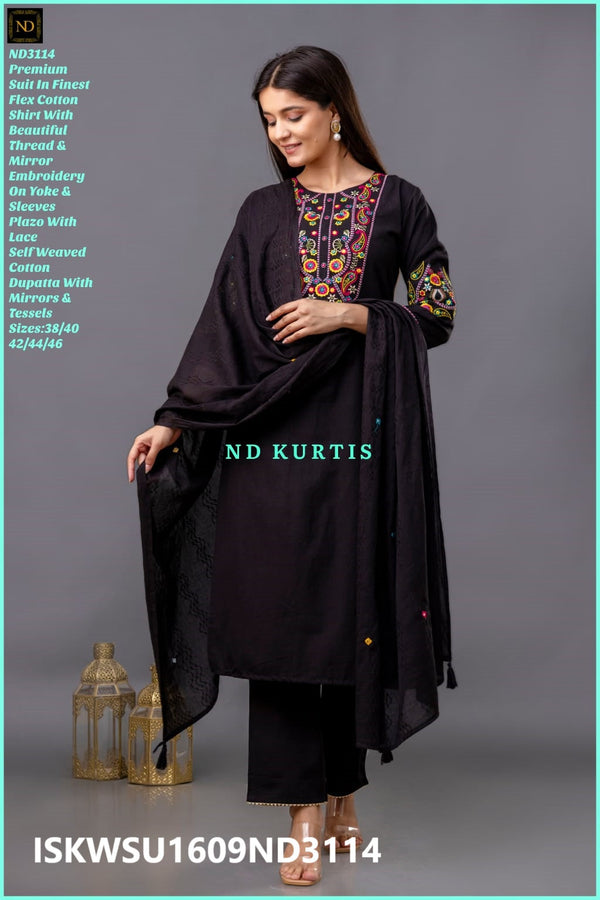 Embroidered Cotton Kurti With Pant And Self Weaved Cotton Dupatta-ISKWSU1609ND3114