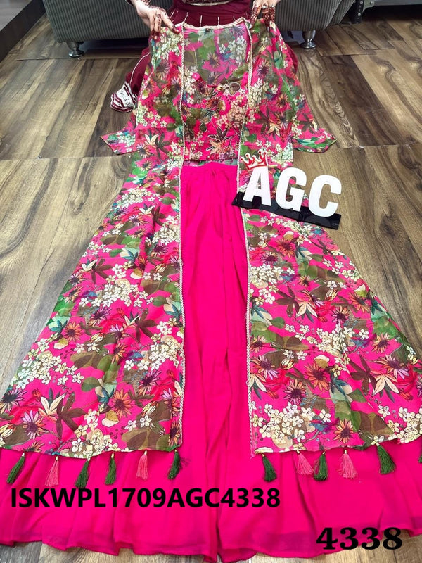 Georgette Crop Top With Palazzo And Floral Printed Shrug-ISKWPL1709AGC4338