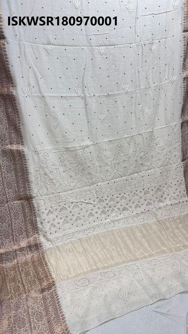 Dyable Chikankari Silk Saree With Blouse-ISKWSR180970001