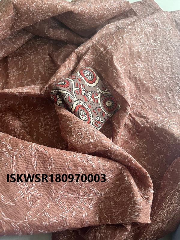 Embroidered Kota Cotton Saree With Contrast Hand Block Ajrakh Printed Blouse-ISKWSR180970003