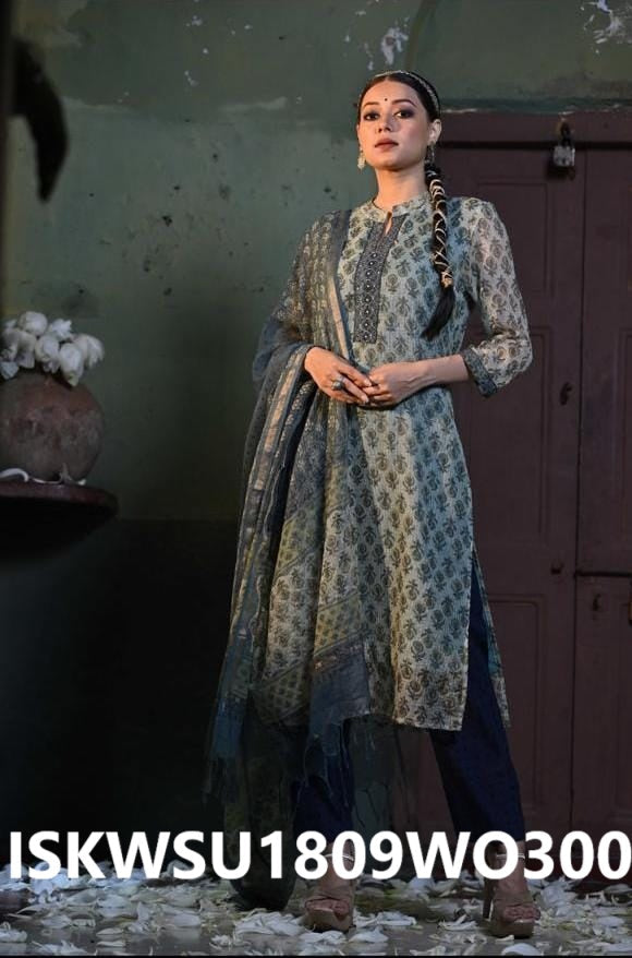 Ajrakh Printed Kota Doriya Kurti With Cotton Pant And Dupatta-ISKWSU1809WO300