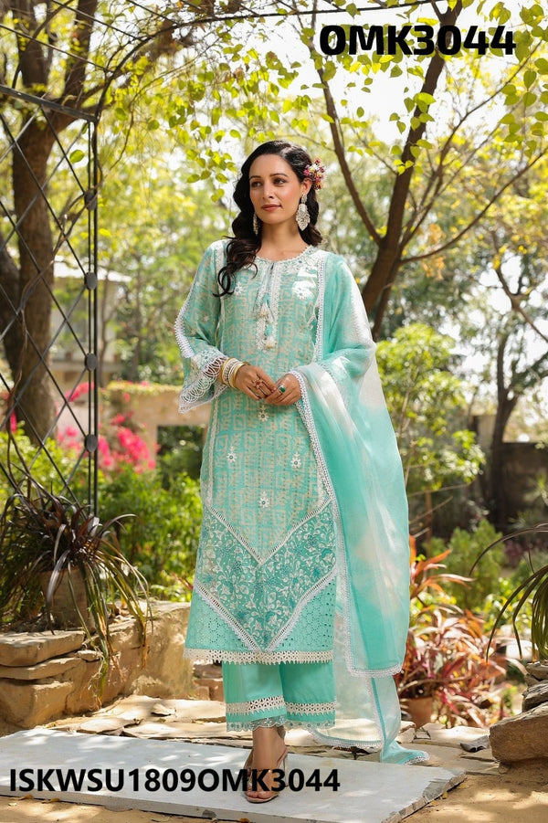 Embroidered Cotton Schiffli Kurti With Pant And Organza Dupatta-ISKWSU1809OMK3044