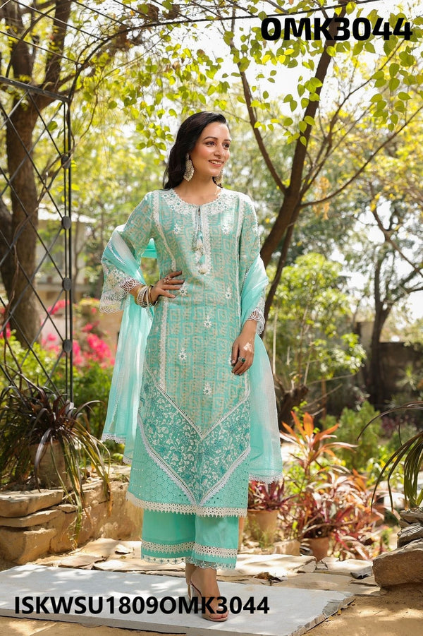 Embroidered Cotton Schiffli Kurti With Pant And Organza Dupatta-ISKWSU1809OMK3044