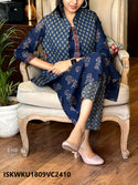 Hand Block Printed Cotton Kurti With Pant And Quilted Jacket-ISKWKU1809VC2410