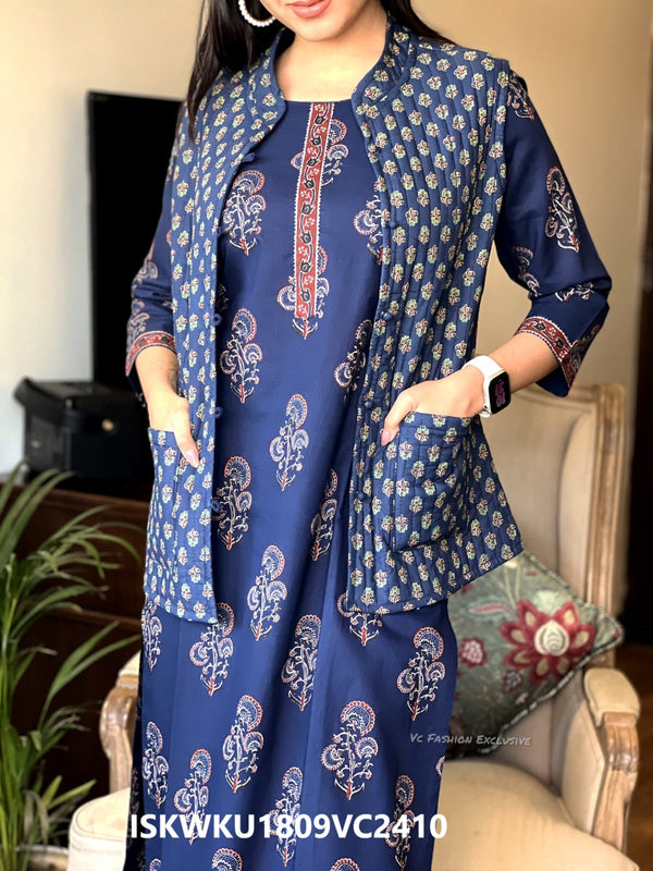 Hand Block Printed Cotton Kurti With Pant And Quilted Jacket-ISKWKU1809VC2410