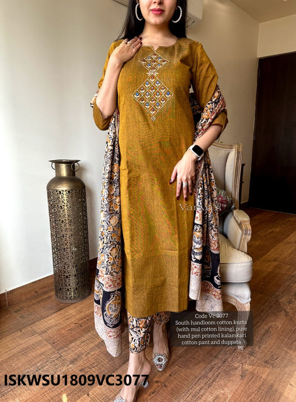 Handloom Cotton Kurti With Printed Pant And Dupatta-ISKWSU1809VC3077