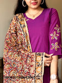 Handloom Cotton Kurti With Kalamkari Printed Pant And Dupatta-ISKWSU1909VC3061