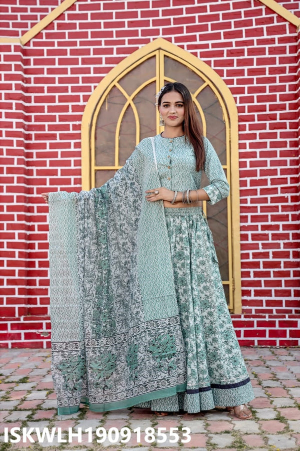 Bagru Hand Block Printed Cotton Lehenga With Blouse And Malmal Dupatta-ISKWLH190918553