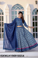 Bagru Hand Block Printed Cotton Lehenga With Blouse And Malmal Dupatta-ISKWLH190918554