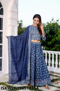 Bagru Hand Block Printed Cotton Lehenga With Blouse And Malmal Dupatta-ISKWLH190918554