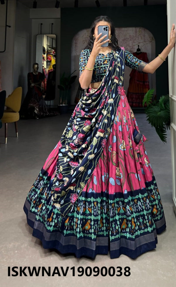 Foil Printed Dola Tussar Silk Lehenga With Blouse And Dupatta-ISKWNAV19090038