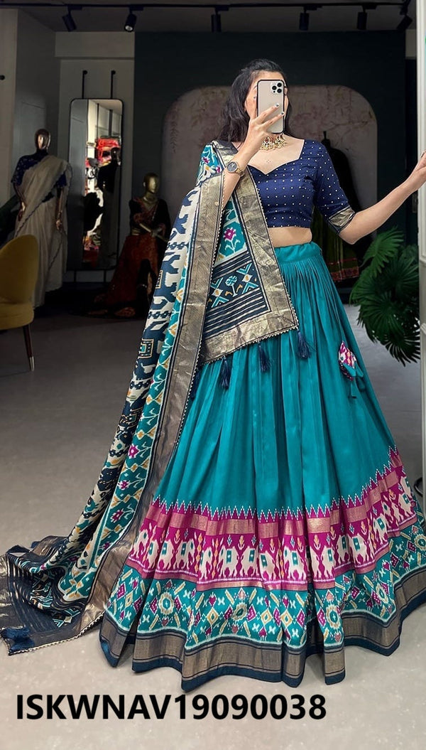 Foil Printed Dola Tussar Silk Lehenga With Blouse And Dupatta-ISKWNAV19090038