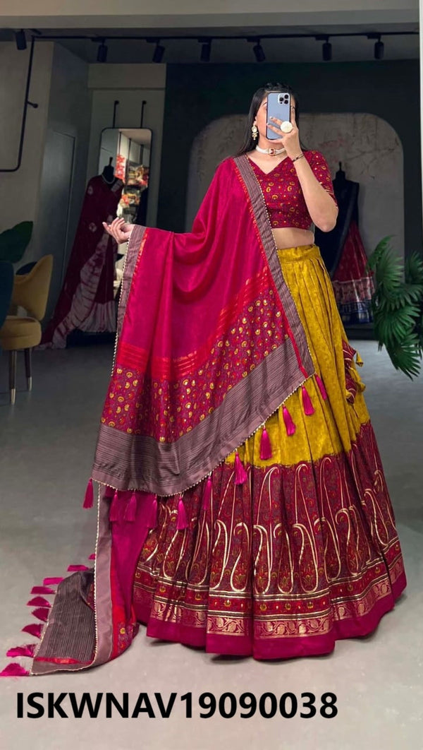 Foil Printed Dola Tussar Silk Lehenga With Blouse And Dupatta-ISKWNAV19090038