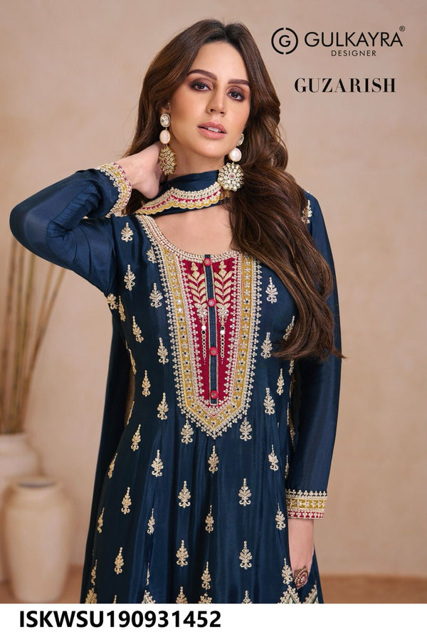 Embroidered Chinon Anarkali Kurti With Palazzo And Dupatta-ISKWSU190931452