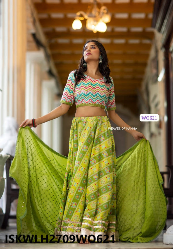 Hand Block Bandhani Printed Cotton Lehenga With Blouse And Dupatta-ISKWLH2709WO621