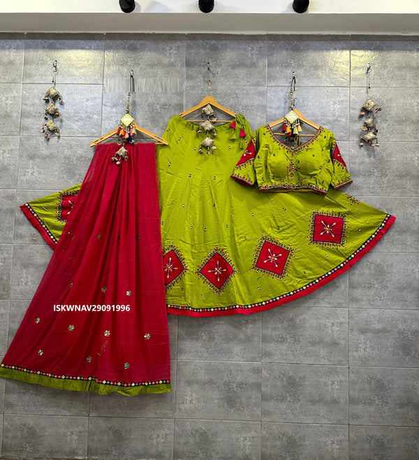 Embroidered Cotton Lehenga With Blouse And Rayon Cotton Dupatta-ISKWNAV29091996