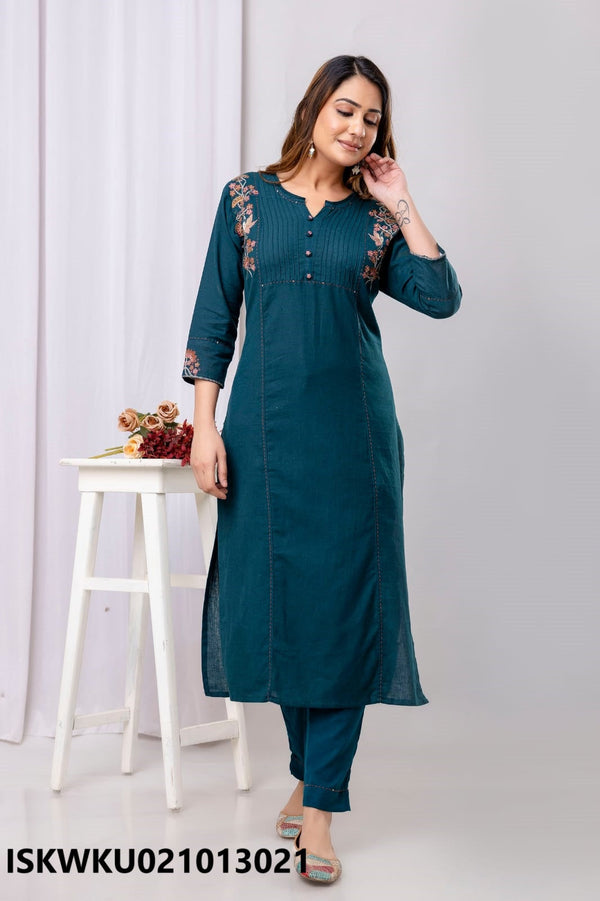 Embroidered Cotton Kurti With Pant-ISKWKU021013021