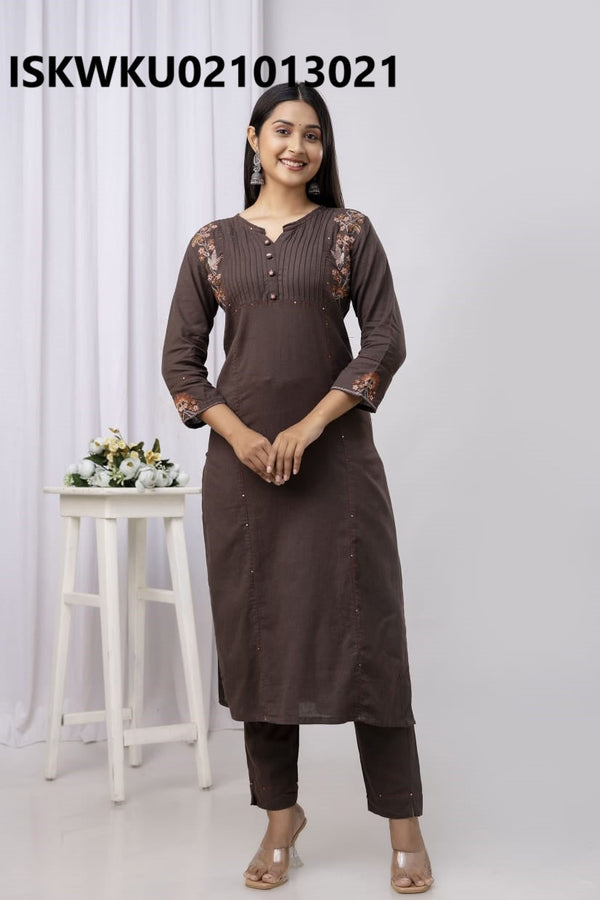 Embroidered Cotton Kurti With Pant-ISKWKU021013021